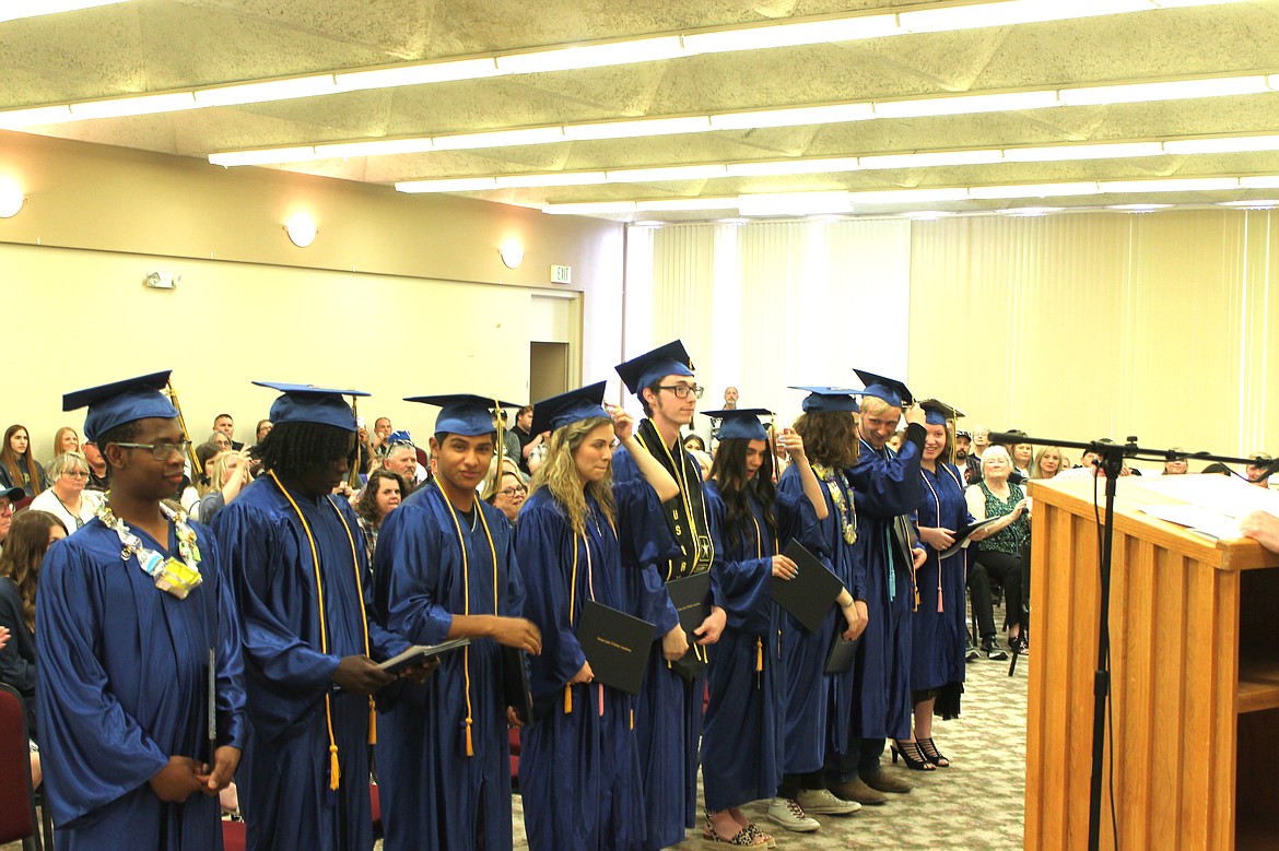 Members of the Moses Lake Christian Academy Class of 2022 turn their tassels Saturday. From left to right: Kenzy Boorman, Pierre Boorman, David Chavez, Kaylin Hampton, Christian Hoefler, Aspen Merkle, Landon Pruett, Jacob Robertson and Rebecca Starcher. Not present: Grace Meiners.