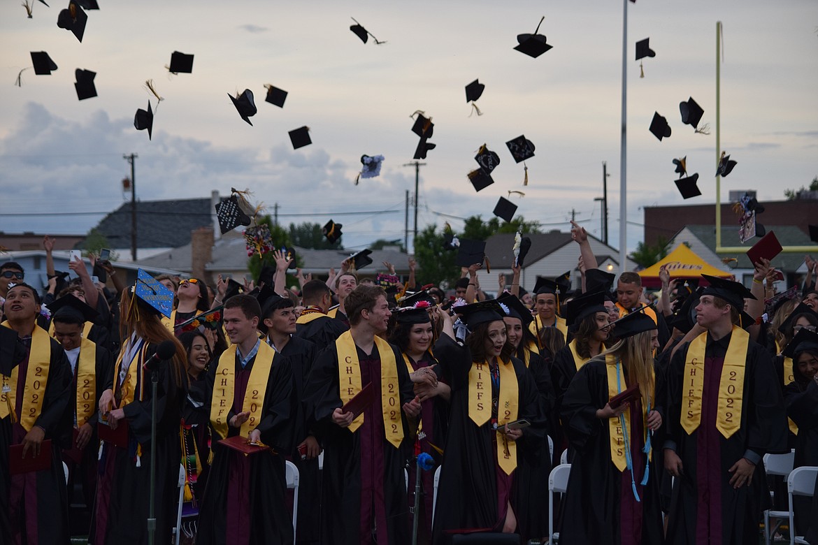 MLHS graduates toss their caps at Friday’s graduation ceremony. Seniors in this graduating class endured two years of the pandemic while taking classes and bravely managed to come out on top with diplomas in hand.