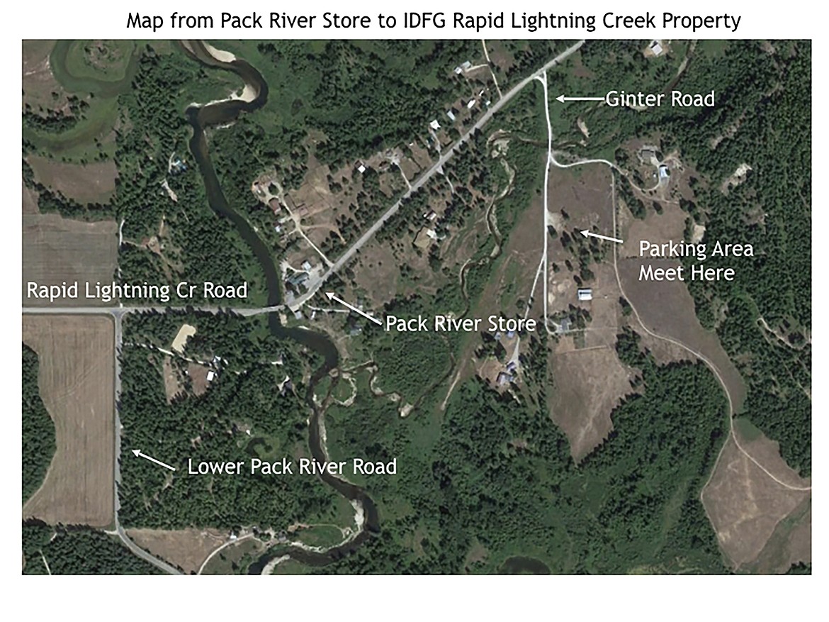 A map showing the location of the Idaho Department of Fish & Game property on Rapid Lightning Creek just east of the Pack River. The site is one of two locations in the county where bioblitzes with take place this week.