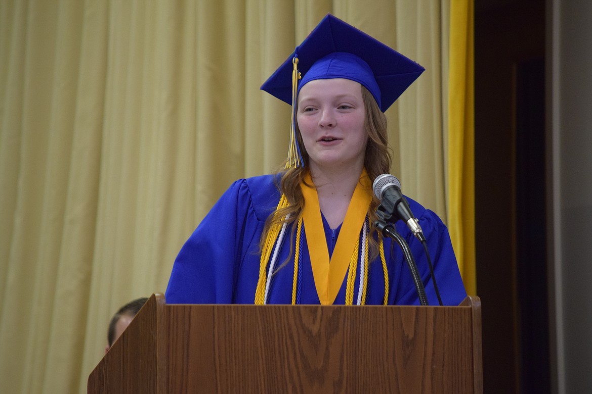 Wilson Creek High School valedictorian Kesiah Cook speaking during the school’s 2022 graduation ceremony on Saturday.