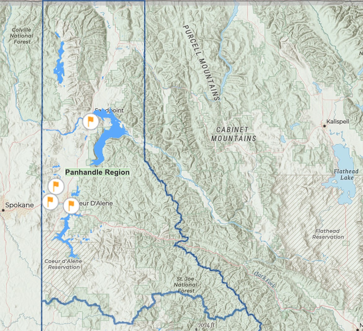 A map shows the four Free Fishing Day locations in the Panhandle region of the Idaho Department of Fish & Game — the Post Falls Park Pond, the WaterLife Discovery Center in Sagle, the Ponderosa Springs Golf Course Pond, and Rathdrum Park Pond.