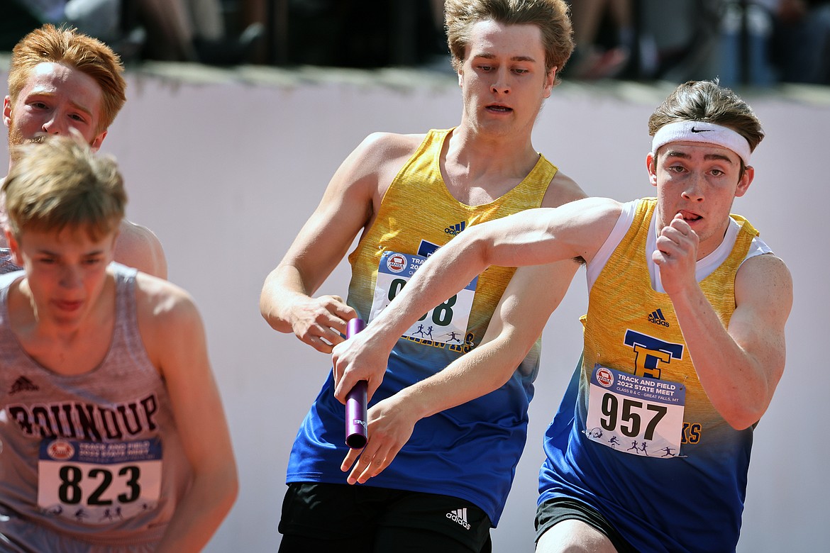 Jesse Claridge and Ryan Bucher compete at the State B-C track and field meet in Great Falls last weekend. (Jeremy Weber/For the MIVP)