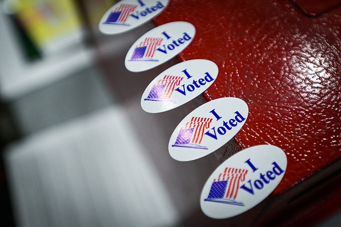 Stickers for voters in the primary election at the Flathead County Fairgrounds in Kalispell on Tuesday, June 7. (Casey Kreider/Daily Inter Lake)