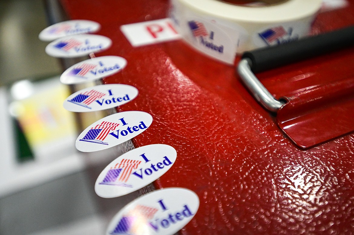 Stickers for voters in the primary election at the Flathead County Fairgrounds in Kalispell on Tuesday, June 7. (Casey Kreider/Daily Inter Lake)