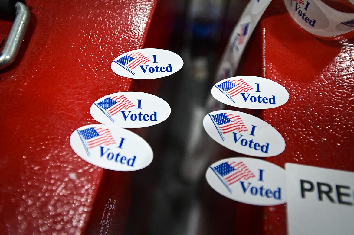 Stickers for voters in the primary election at the Flathead County Fairgrounds in Kalispell on Tuesday, June 7. (Casey Kreider/Daily Inter Lake)