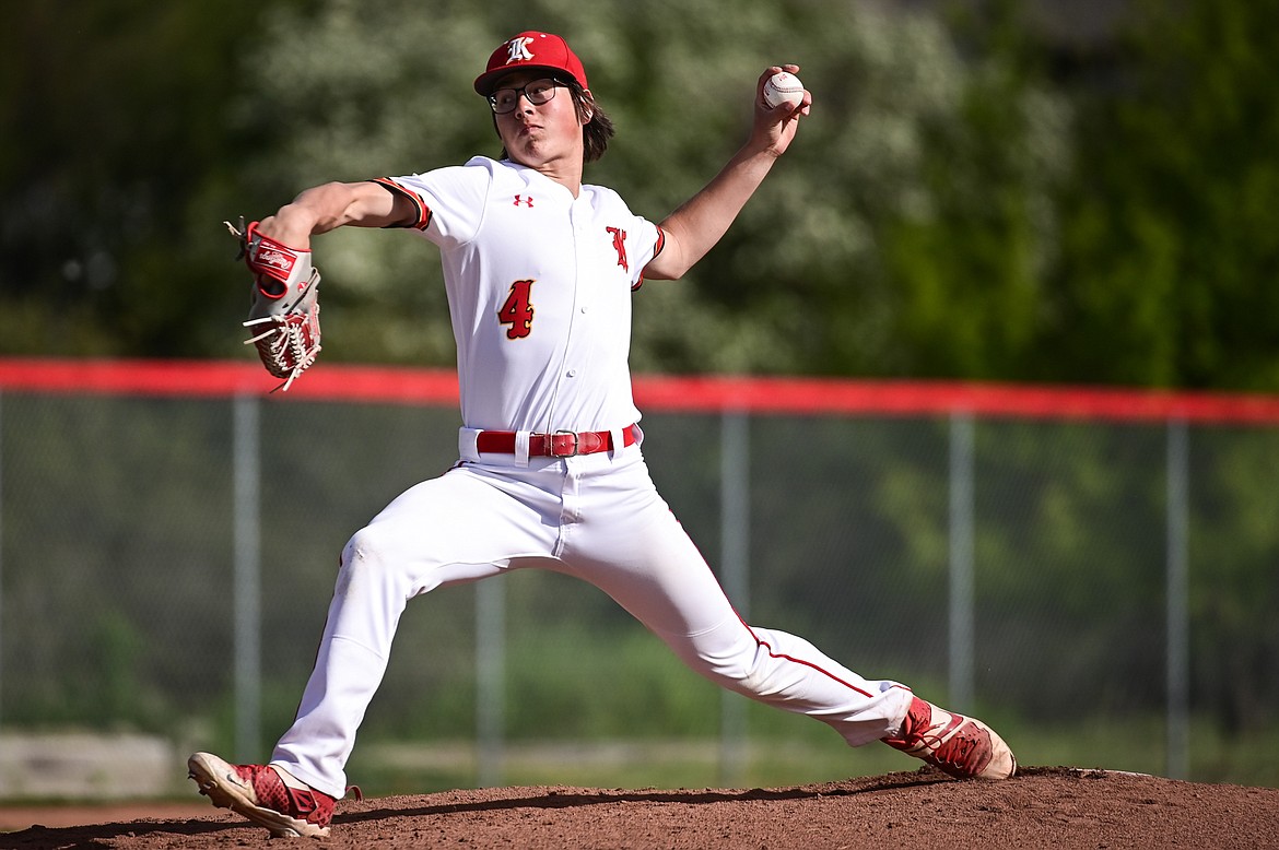 Kalispell Lakers AA starting pitcher Kostya Hoffman (4) delivers against the Missoula Mavericks at Griffin Field on Tuesday, June 7. (Casey Kreider/Daily Inter Lake)