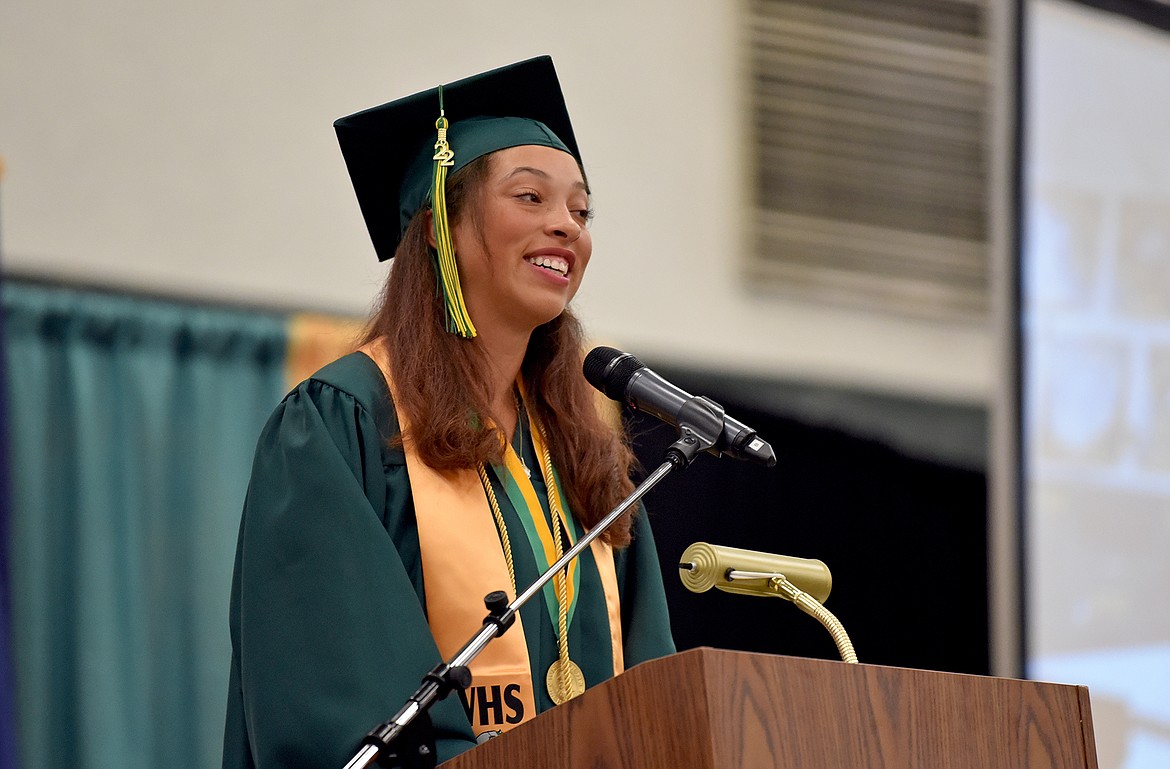Emma Trieweiler gives the Farewell to the Class at the Whitefish High School graduation ceremony. Whitefish High School graduated 131 seniors with the Class of 2022 Saturday during a commencement ceremony at the high school gym. (Whitney England/Whitefish Pilot)