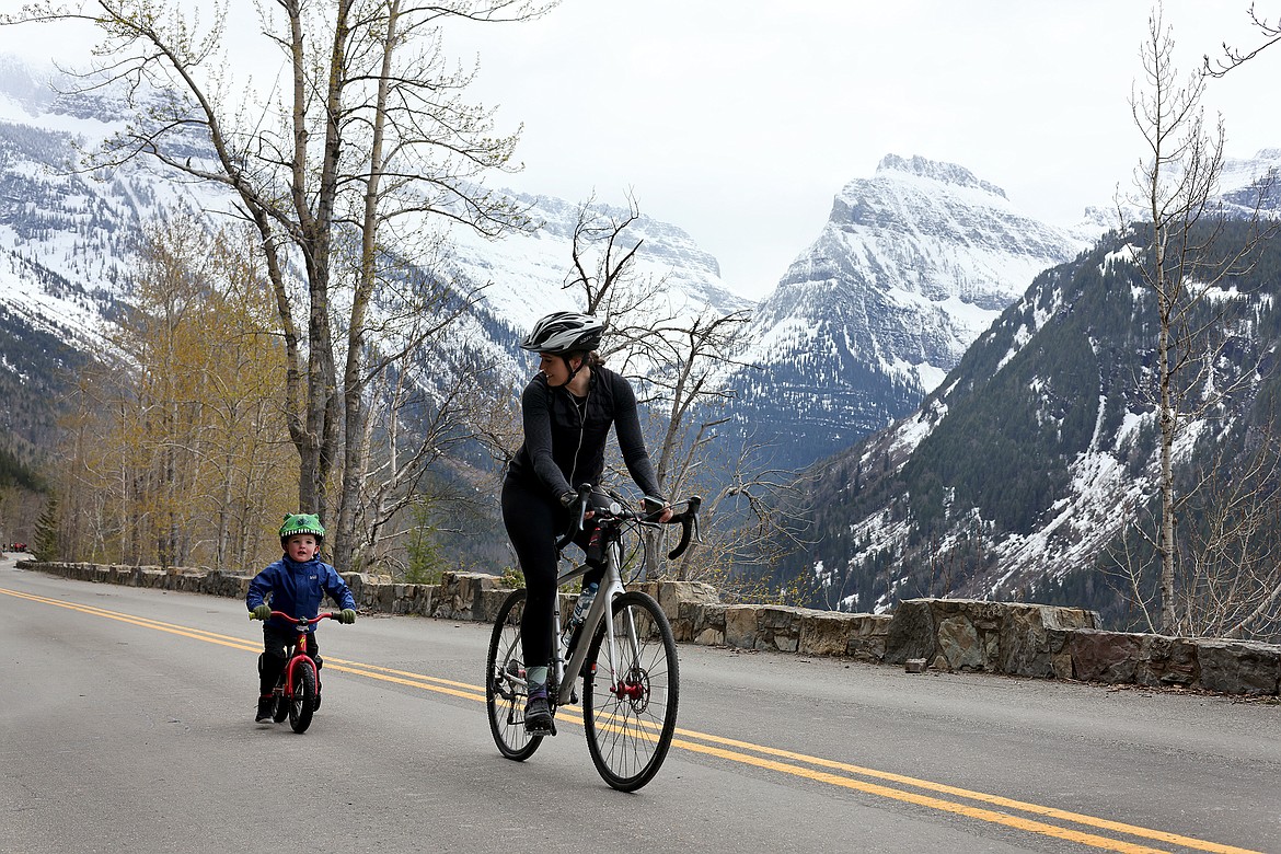 Riders make their way up the Going to the Sun Road in Glacier National Park Saturday, May 21, 2022. (Jeremy Weber/Daily Inter Lake)