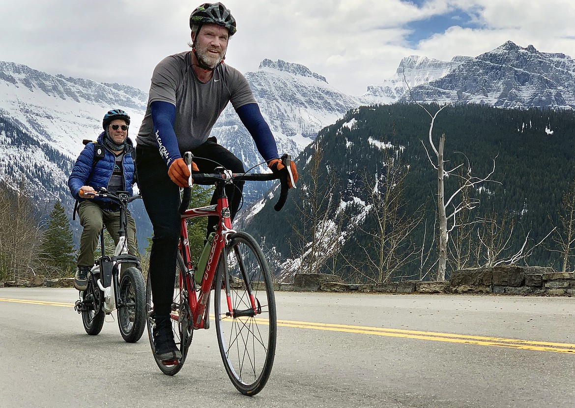 Roam Beyond co-founders Corey Weathers and Jake Haupert make their way up the Going to the Sun Road in Glacier National Park Saturday, May 21, 2022. (Jeremy Weber/Daily Inter Lake)