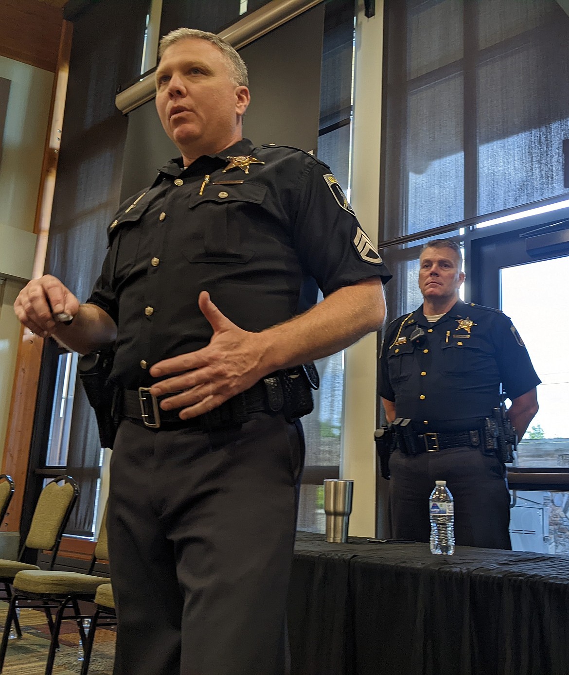 ISP Sgt. Jess Stennet and Cpt. John Kempf speak about the dangers of fentanyl during Wednesday's presentation.