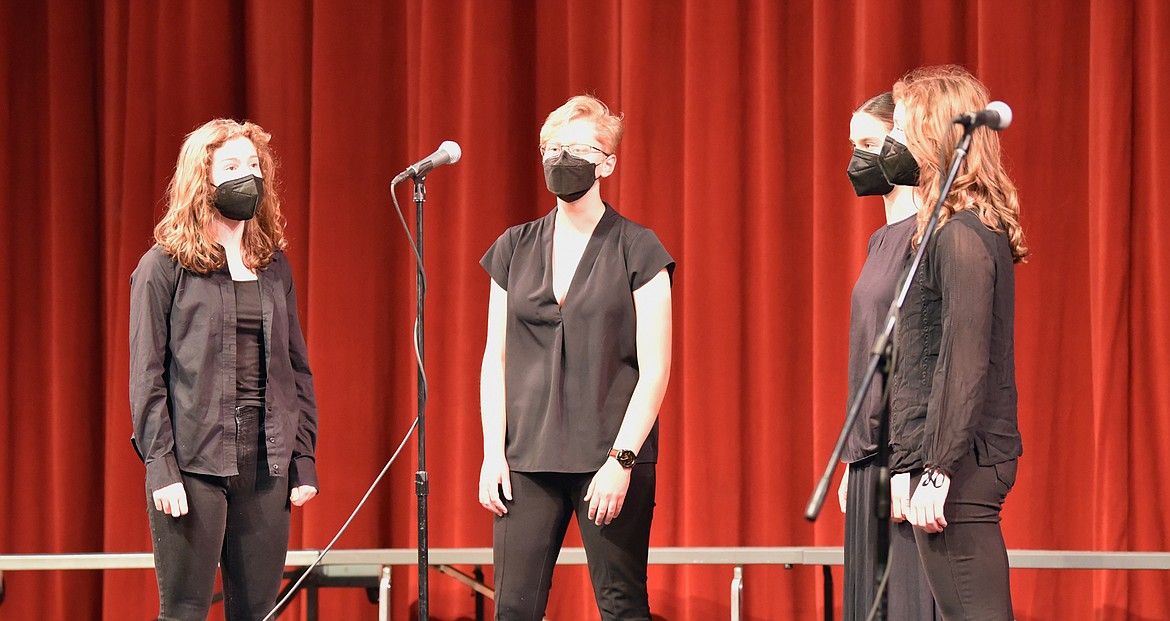 Whitefish High School's Treble Maker Quartet members Miki Flint, Hanna Gawe, Hazel Gawe and Lauren Solem perform during a recent concert. (Julie Engler/Whitefish Pilot)