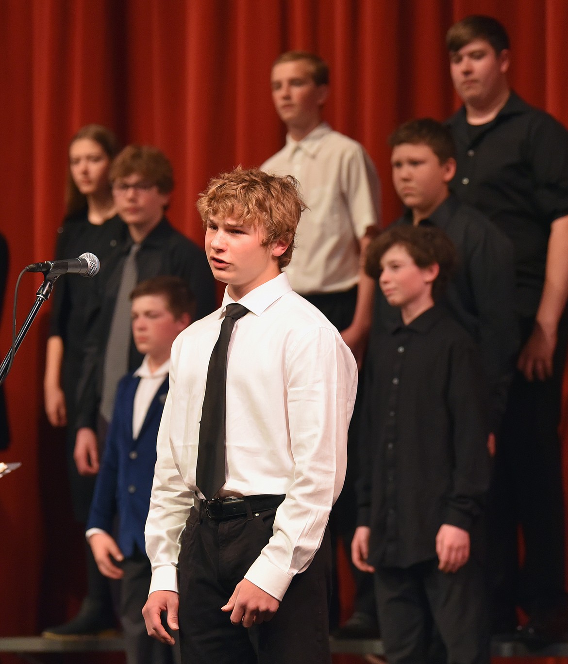 Soloist Sam Nissen performs with the Whitefish Middle School Choir at a recent concert. (Julie Engler/Whitefish Pilot)