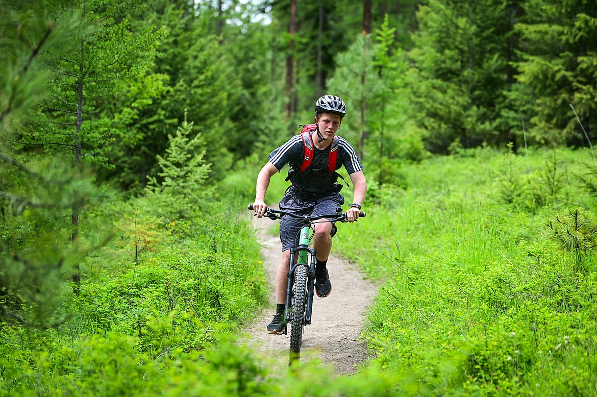 A mountain biker descends the Notch Trail, part of the Foy's to Blacktail Trail system at Herron Park, on Thursday, June 9. (Casey Kreider/Daily Inter Lake)