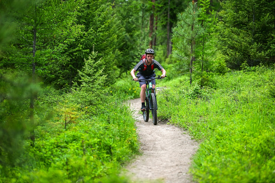 A mountain biker descends the Notch Trail, part of the Foy's to Blacktail Trail system at Herron Park, on Thursday, June 9. (Casey Kreider/Daily Inter Lake)