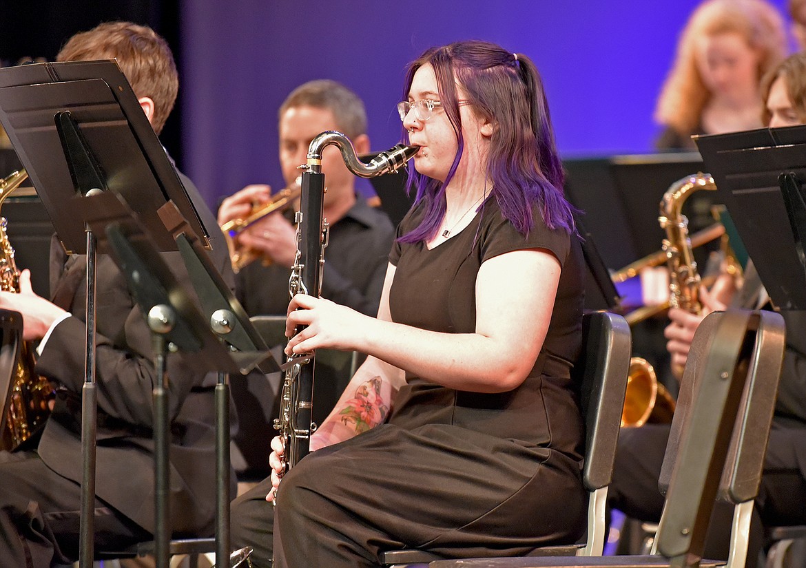 Junior Cyanna Ryerson plays the bass clarinet with the Whitefish High School Concert Band during the recent spring concert at the Performing Arts Center. (Whitney England/Whitefish Pilot)