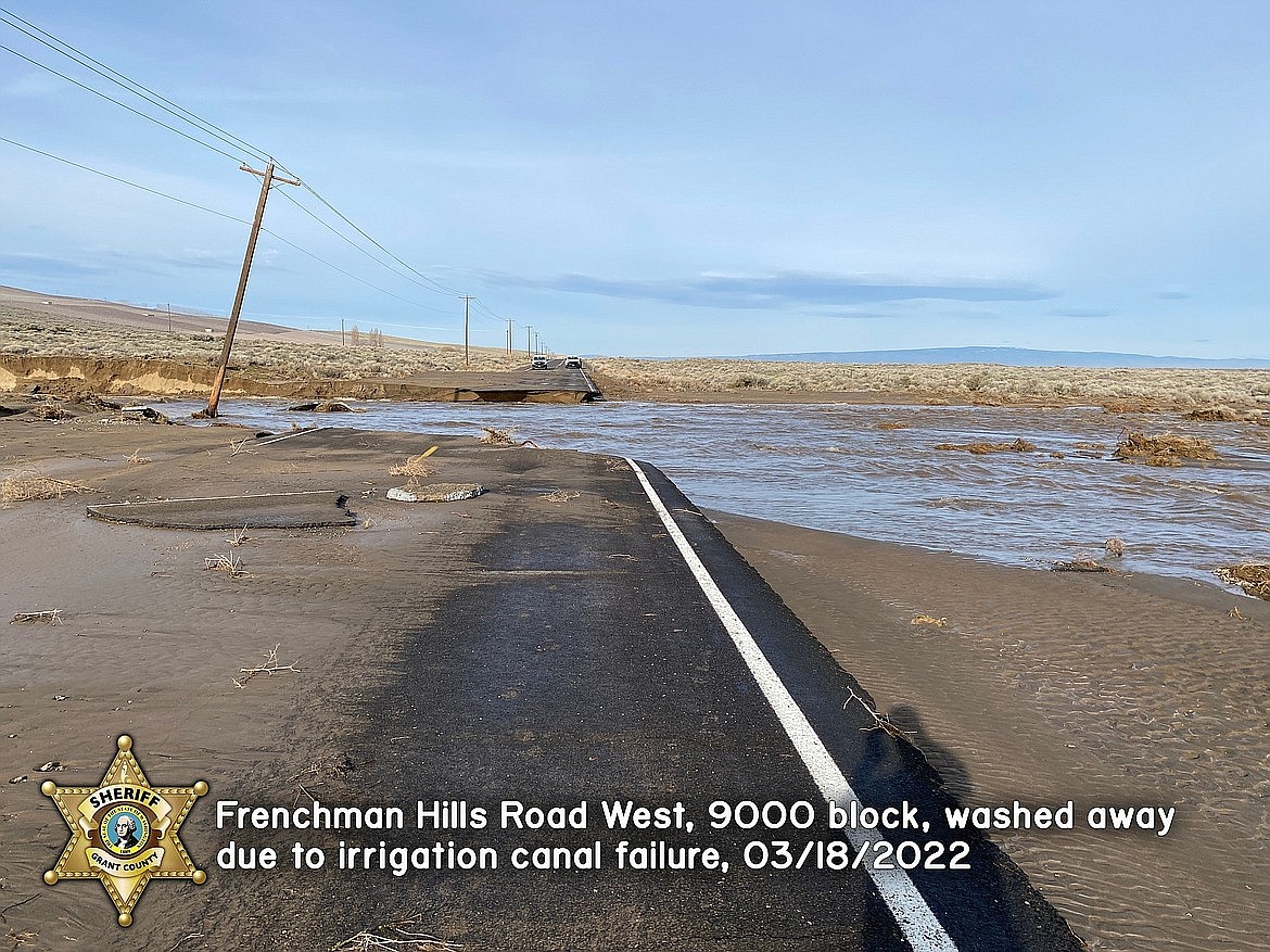 An irrigation canal breached the morning of March 20, closing down a portion of Frenchman Hills Road that had been washed out as a result. Costs to the irrigation district and county for road and canal repairs, combined, have so far exceeded $1 million, though insurance is expected to mitigate some of those costs.