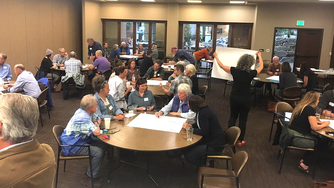 A full room of participants took part in a brainstorming session during a workshop on workforce housing solutions hosted by Kaniksu Land Trust and Project 7B on June 9 at the Columbia Bank Center. Information generated by the brainstorming session will be curated and utilized at future discussions and meetings.