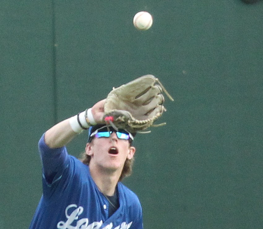 Kalispell's Oscar Kallis flies out on the 3-2 pitch to centerfielder Caden Williams for the second out in the top of sixth inning. Lakers over Loggers 8-4 in the first of a doubleheader Friday evening. (Paul Sievers/The Western News)