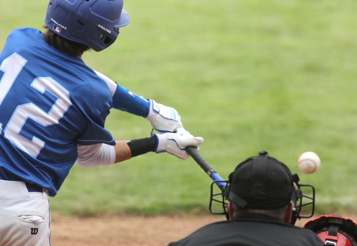 Aiden Rose with a base hit to right field on a 2-1 pitch in the bottom of second inning vs. Lakers A Friday. Lakers over Loggers 8-4 in the first of a doubleheader. (Paul Sievers/The Western News)