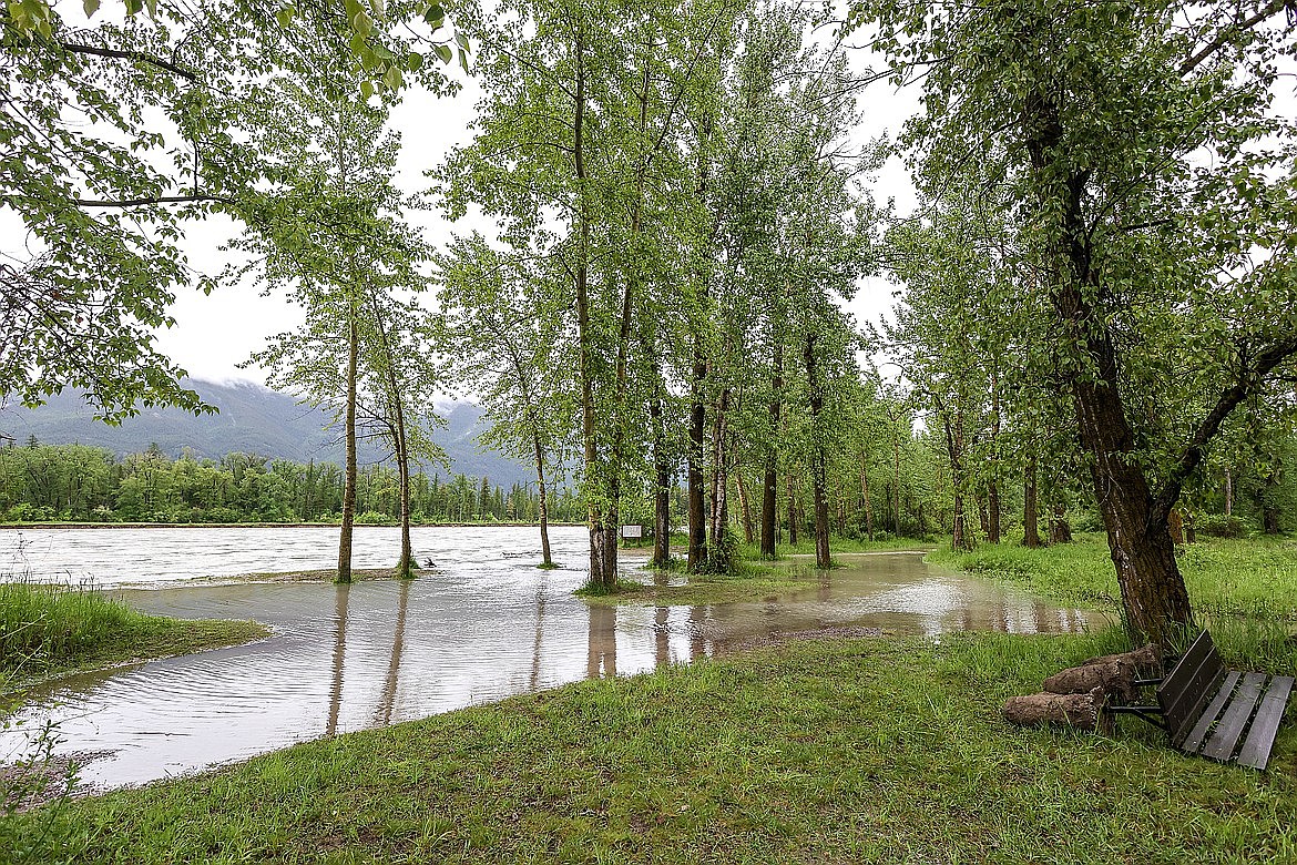 River's Edge Park in Columbia Falls saw some minor flooding Monday morning. Crews pulled out the benches last week so they wouldn't be washed away. (JP Edge photo)