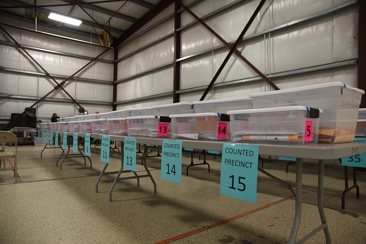 Bins of ballots at the Flathead County Fairgrounds Expo Building on Monday, June 13. (Derrick Perkins/Daily Inter Lake)