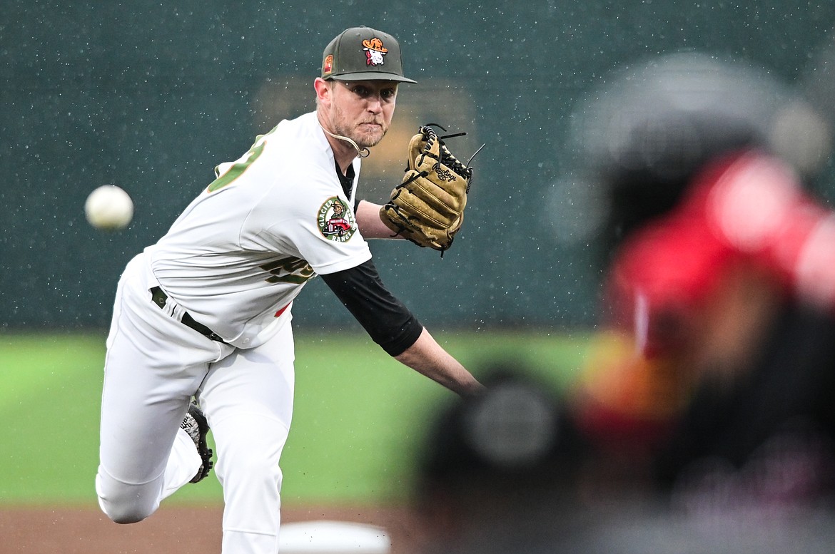 Glacier Range Riders starting pitcher Brock Knoten (20) delivers to a Billings Mustangs batter in the first inning at Flathead Field on Tuesday, June 14. (Casey Kreider/Daily Inter Lake)