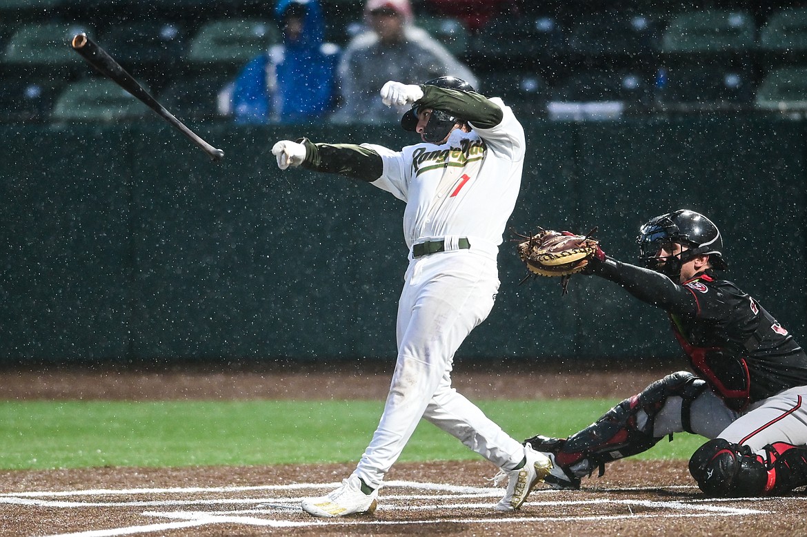 Glacier's Austin McNicholas (7) loses hold of his bat during an at-bat against the Billings Mustangs at Flathead Field on Tuesday, June 14. (Casey Kreider/Daily Inter Lake)