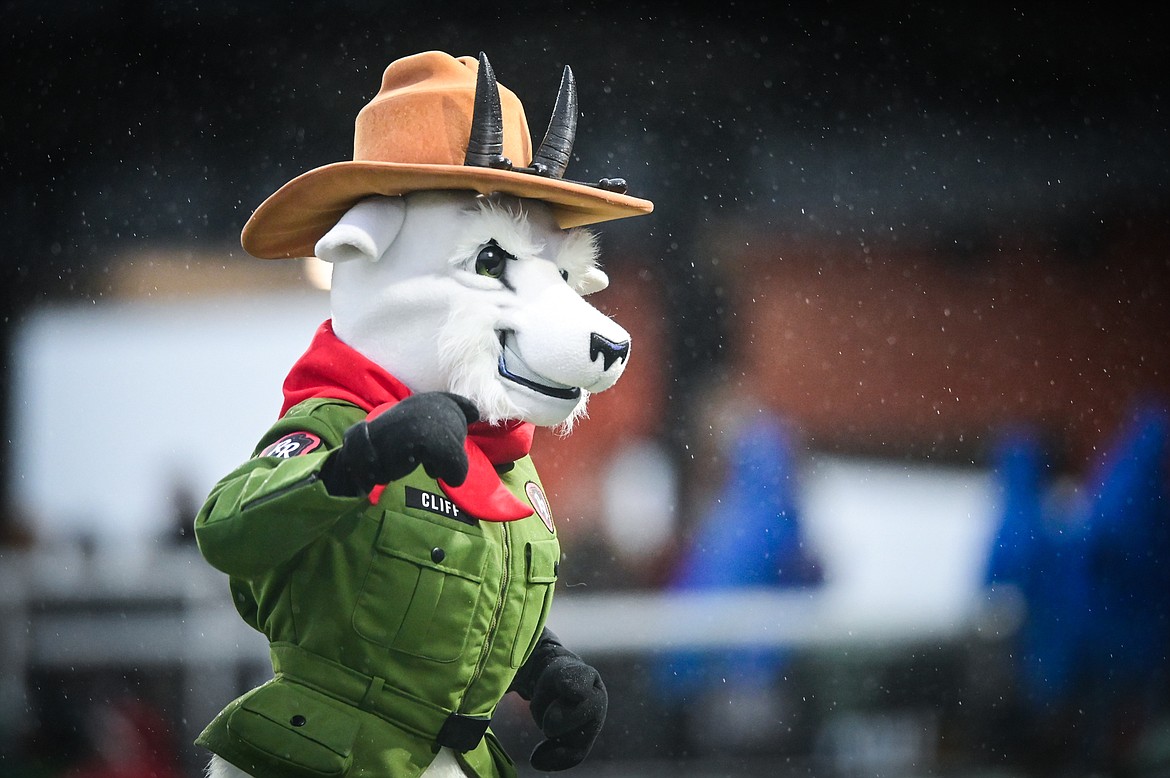 Cliff, one of two Glacier Range Riders mascots, dances to the song "YMCA" during the team's home opener against the Billings Mustangs at Flathead Field on Tuesday, June 14. (Casey Kreider/Daily Inter Lake)