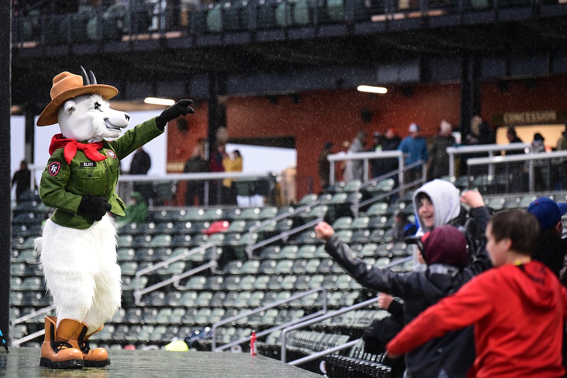 Cliff, one of two Glacier Range Riders mascots, dances to the song "YMCA" during the team's home opener against the Billings Mustangs at Flathead Field on Tuesday, June 14. (Casey Kreider/Daily Inter Lake)