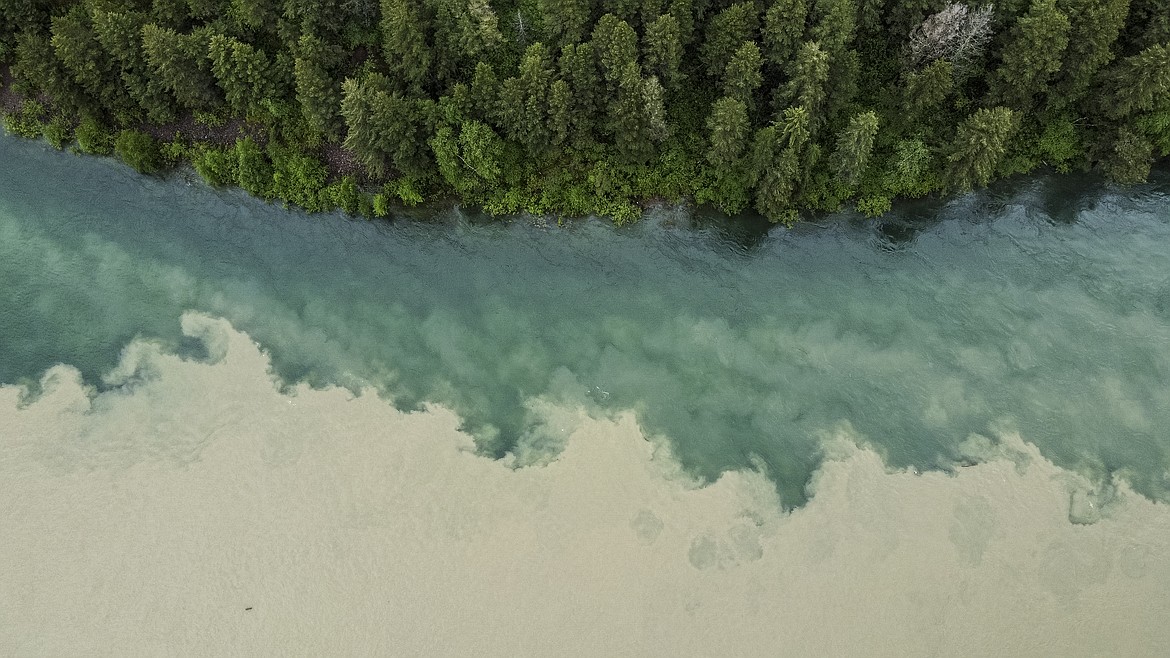 Water from the South Fork flows into the muddy Flathead River after flooding from high rain on Wednesday, June 15. (JP Edge/Hungry Horse News)