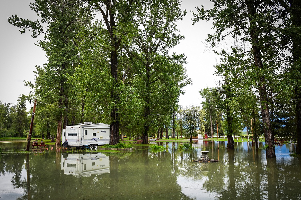 Rising flood waters from the Flathead River are shown at Spruce Park On the River RV Park & Campground in Evergreen on Wednesday, June 15. (Casey Kreider/Daily Inter Lake)