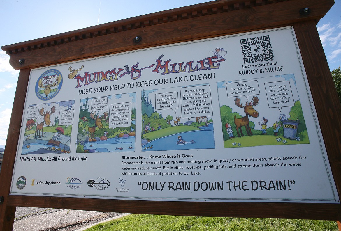 A new two-sided sign installed at the Third Street Boat Launch educates passersby about stormwater pollution and invasive aquatic plants in Lake Coeur d'Alene. The side facing McEuen Park features Mudgy and Millie.