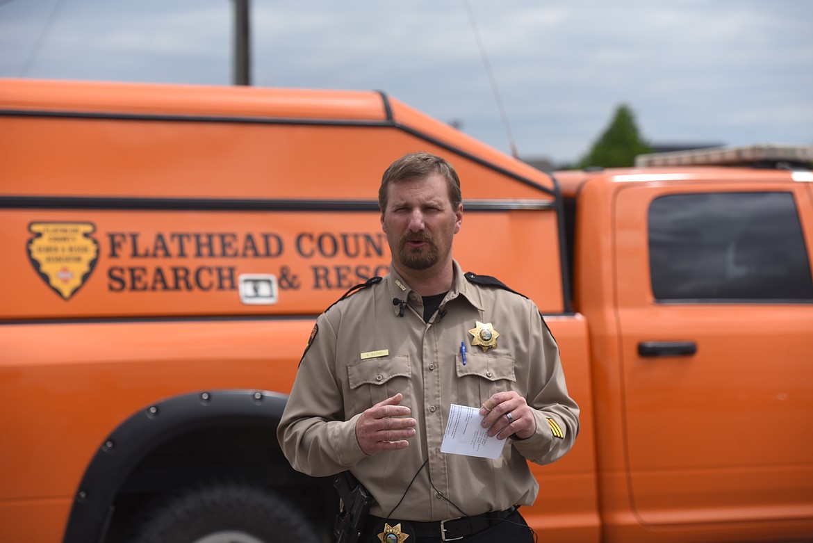 Flathead County Sheriff Brian Heino speaks at a press conference held outside the Flathead County Search and Rescue building on Three Mile Drive regarding area flooding, evacuations and road closures on Wednesday, June 15, 2022. (Derrick Perkins/Daily Inter Lake)