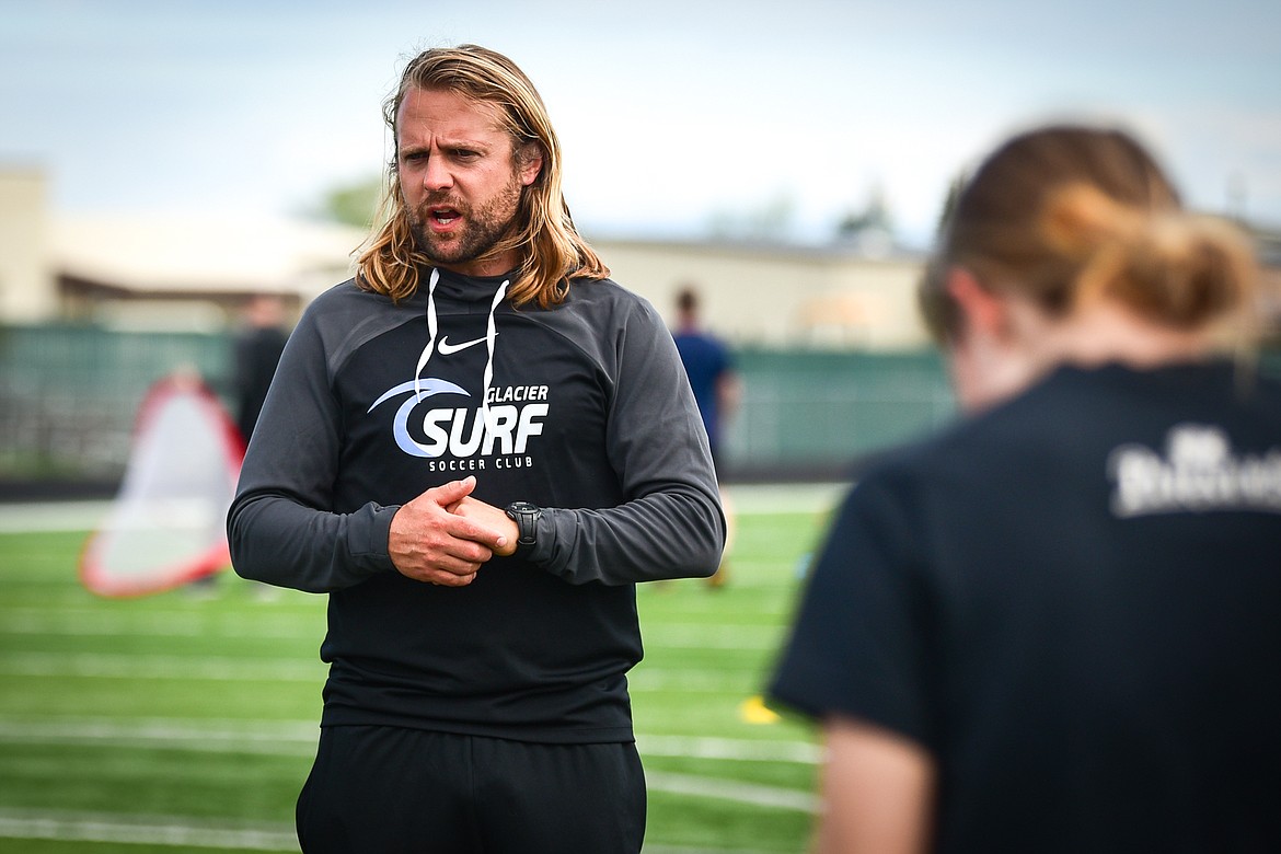 Nate Evans, director of coaching and operations with Glacier Surf Soccer Club, at one of the club's tryouts at Legends Stadium on Wednesday, June 16. (Casey Kreider/Daily Inter Lake)