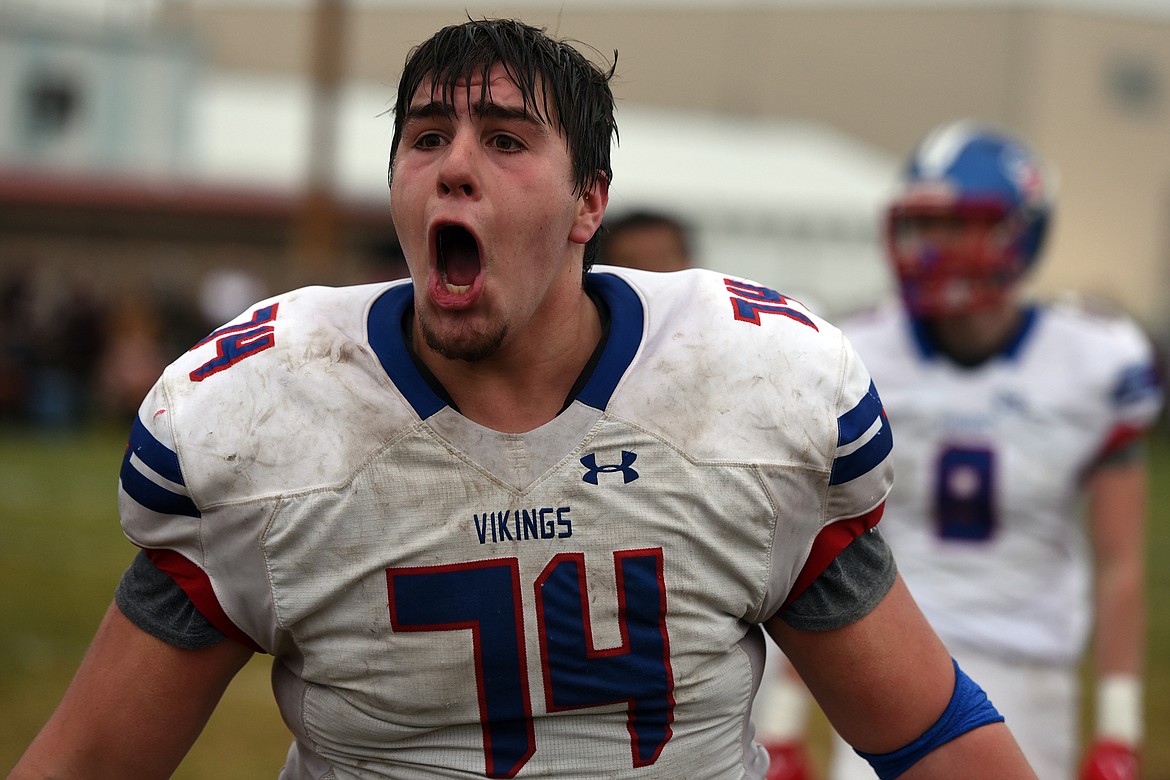 Braeden Guse reacts after the Bigfork Vikings beat Eureka in the State B semifinals on Saturday, Nov. 13, 2021. He’ll play defensive line for the West in Saturday’s Shrine Game. (Jeremy Weber/Bigfork Eagle)