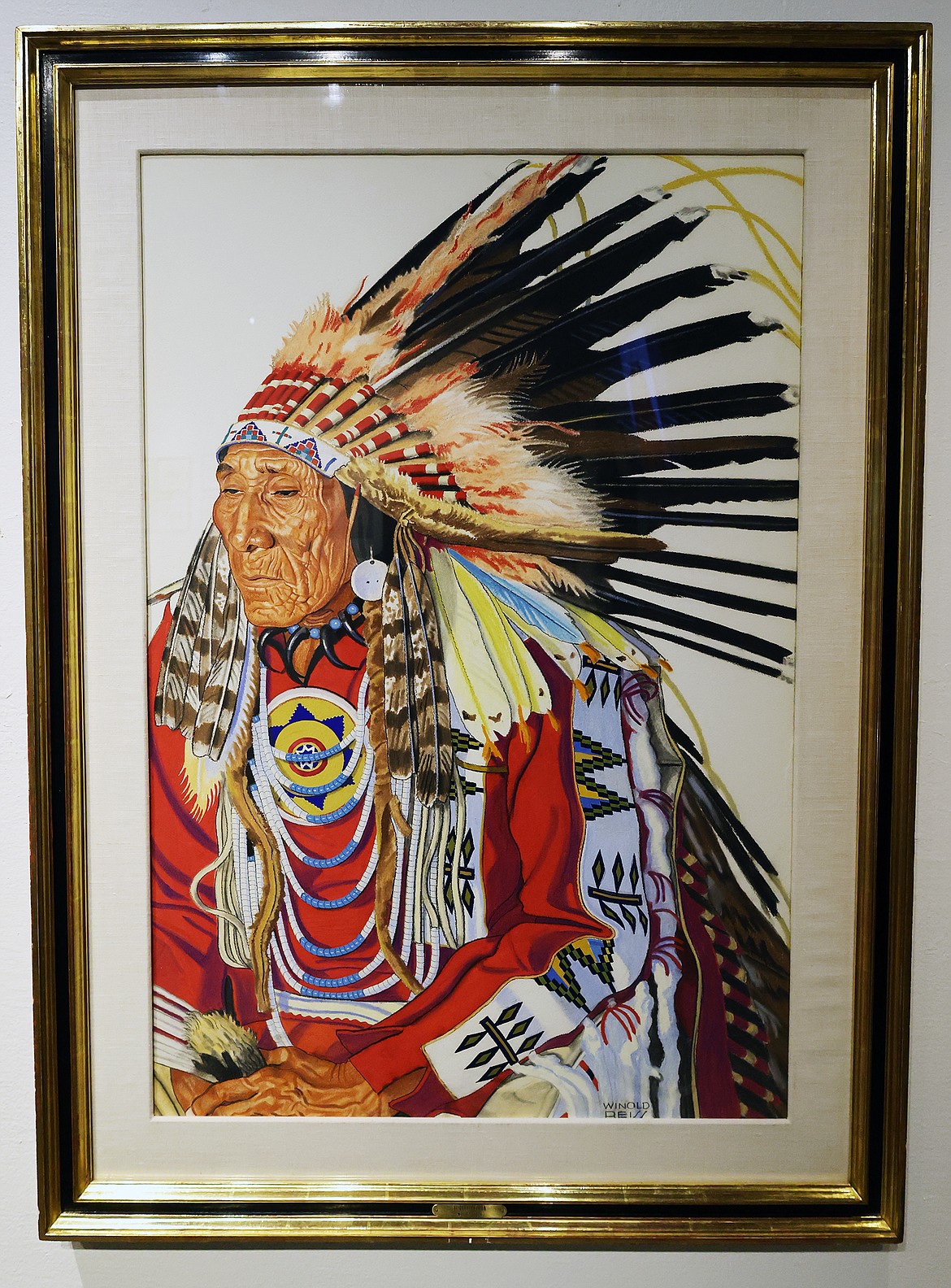 A portrait of Winold Reiss' longtime friend Turtle hangs as part of the “Connections – the Blackfeet and Winold Reiss” exhibit at the Museum of the Plains Indian in Browning. (Jeremy Weber/Daily Inter Lake)