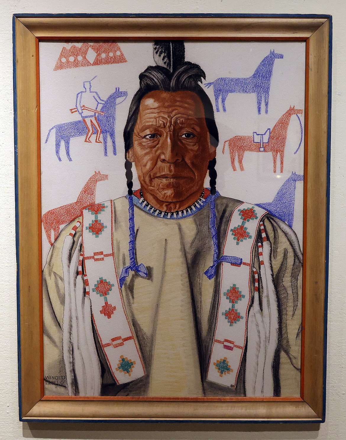 A portrait of John Two Guns White Calf hangs as part of the “Connections – the Blackfeet and Winold Reiss” exhibit at the Museum of the Plains Indian in Browning. (Jeremy Weber/Daily Inter Lake)