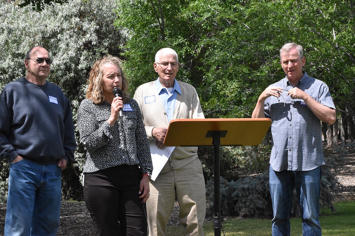 From left to right, Moses Lake Mayor Dean Hankins, Director of Moses Lake Parks, Recreation & Cultural Services Susan Schwiesow, Dick Deane and Moses Lake Presbyterian Church Pastor Eric Frey. Each spoke during the dedication of Dick Deane Family Historical Park on Saturday.