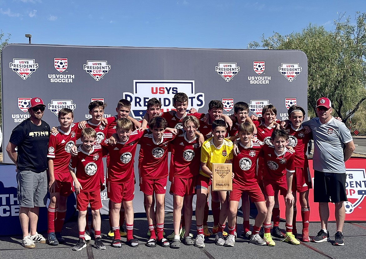 Courtesy photo
The Timbers North FC 2009 boys red soccer team finished runner-up in the U13 division at the U.S. Youth Soccer Far West Presidents Cup in Phoenix. In the front row from left are Luke Fritts, Kason Foreman, Van Tate, Rowan Wyatt, Grant Johnson, Blake Wise and Jake Melun; and back row from left, coach Jason Wyatt, Stefan Pawlik, Payson Shaw, Brooks Judd, Taylor Smith, Creighton Lehosit, Ayden Cragun, Miles Hart, Sam Mandel, Mason Taylor and coach Matt Fritts. Not pictured is Ethan Luna.