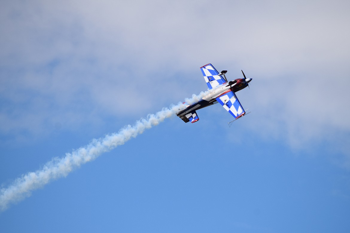 Todd Wursten demonstrates his ability to fly his custom-built MXR — he would climb and then “lose control” and tumble only to quickly resume flying — during the first day of the 2022 Moses Lake Airshow on Saturday.