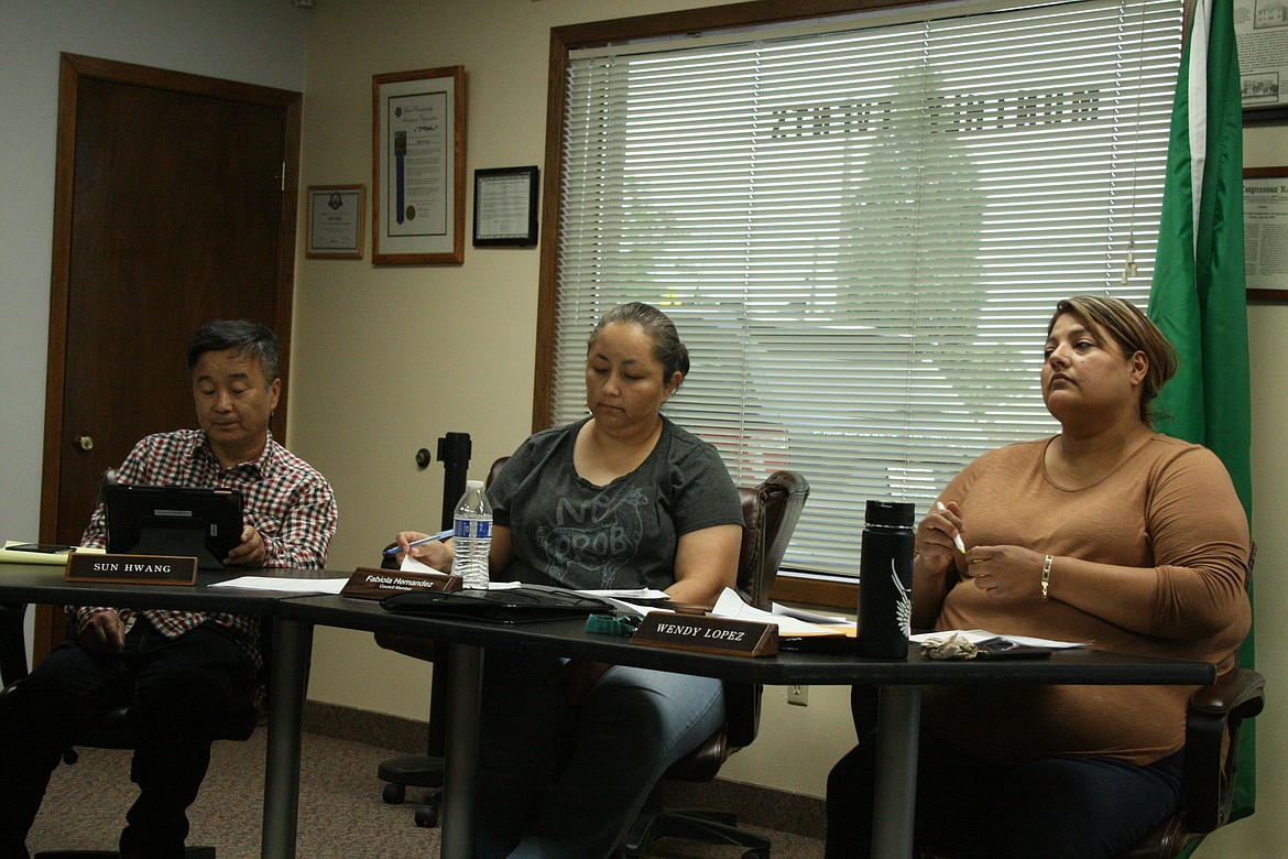 Mattawa City Council members (from left) Sun Hwang, Fabiola Hernandez and Wendy Lopez consider some of the options during discussions of city annexation policy at the June 16 council meeting.