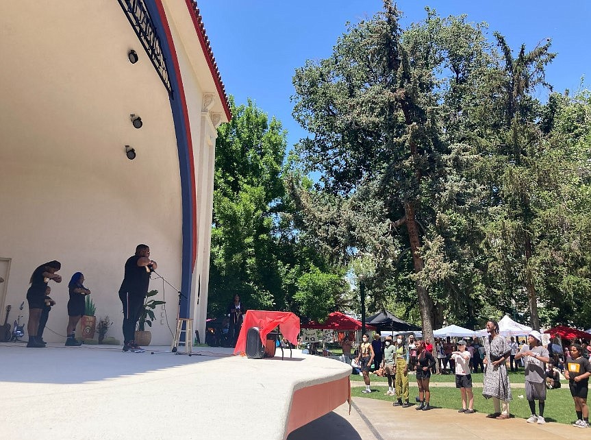 Live performers engage with audience members to follow their dance steps at the fourth annual “Family Function” Juneteenth celebration on June 18, 2022, in Boise.