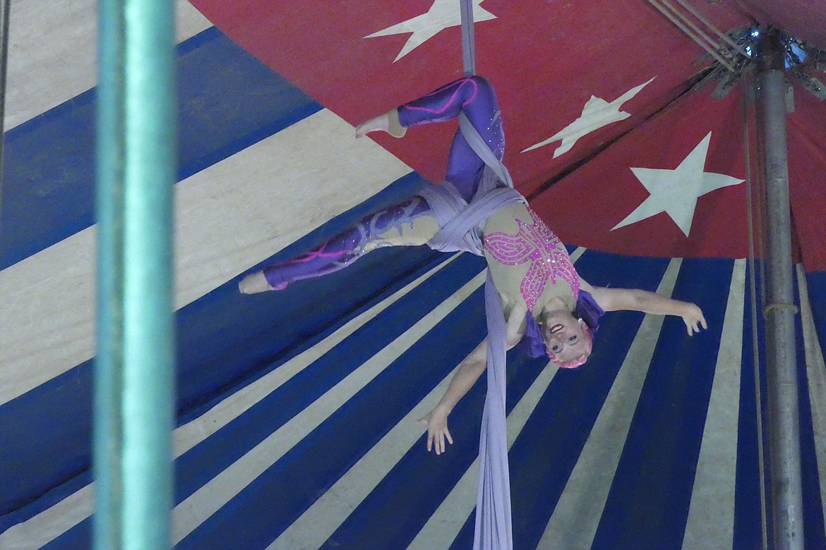 Aerial Acrobat Kelly Leeth thrilled the crowd with her moves from high atop the inside of the Big Top during last Wednesday's circus in Thompson Falls. (Chuck Bandel/VP-MI)