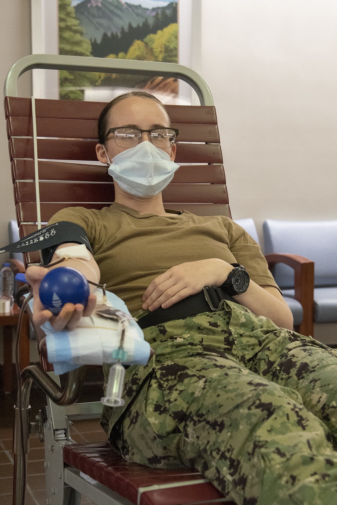 Hospital Corpsman Tara Kolstead from Whitefish rolls a stress ball while donating blood for an Armed Services Blood Program (ASBP) drive at Walter Reed National Military Medical Center in Bethesda, Maryland, June 6. The ASBP provides quality blood products for service members, veterans and their families worldwide in both peace and war. (U.S. Navy photo by mass communication specialist 2nd Class Brett Walker)