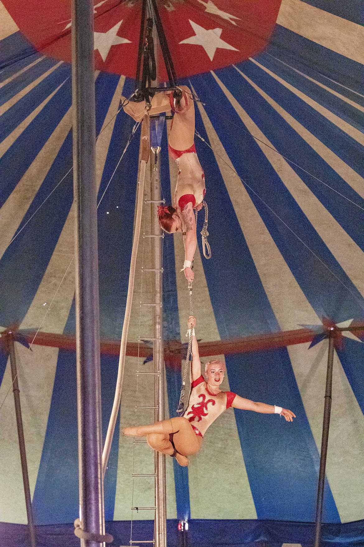 Trapeze aerial artist Simone Key and Kelly Leeth kept the crowd on the edge of their seats with their death-defying aerial stunts during the Culpepper & Merriweather Circus in Ronan on Saturday afternoon.