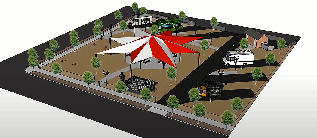 Levi Bisnett, a project surveyor with the city of Moses Lake, developed the idea for a food truck park shown in the concept art above. The central area will be shaded for people to eat, a life-size chess game will be present at the facility, once it is built, and up to six food trucks will be able to serve clientele there. To make certain people are aware of other area attractions, signs will be set up throughout the facility pointing people toward other area attractions such as downtown shopping, the sand dunes and other recreational opportunities.