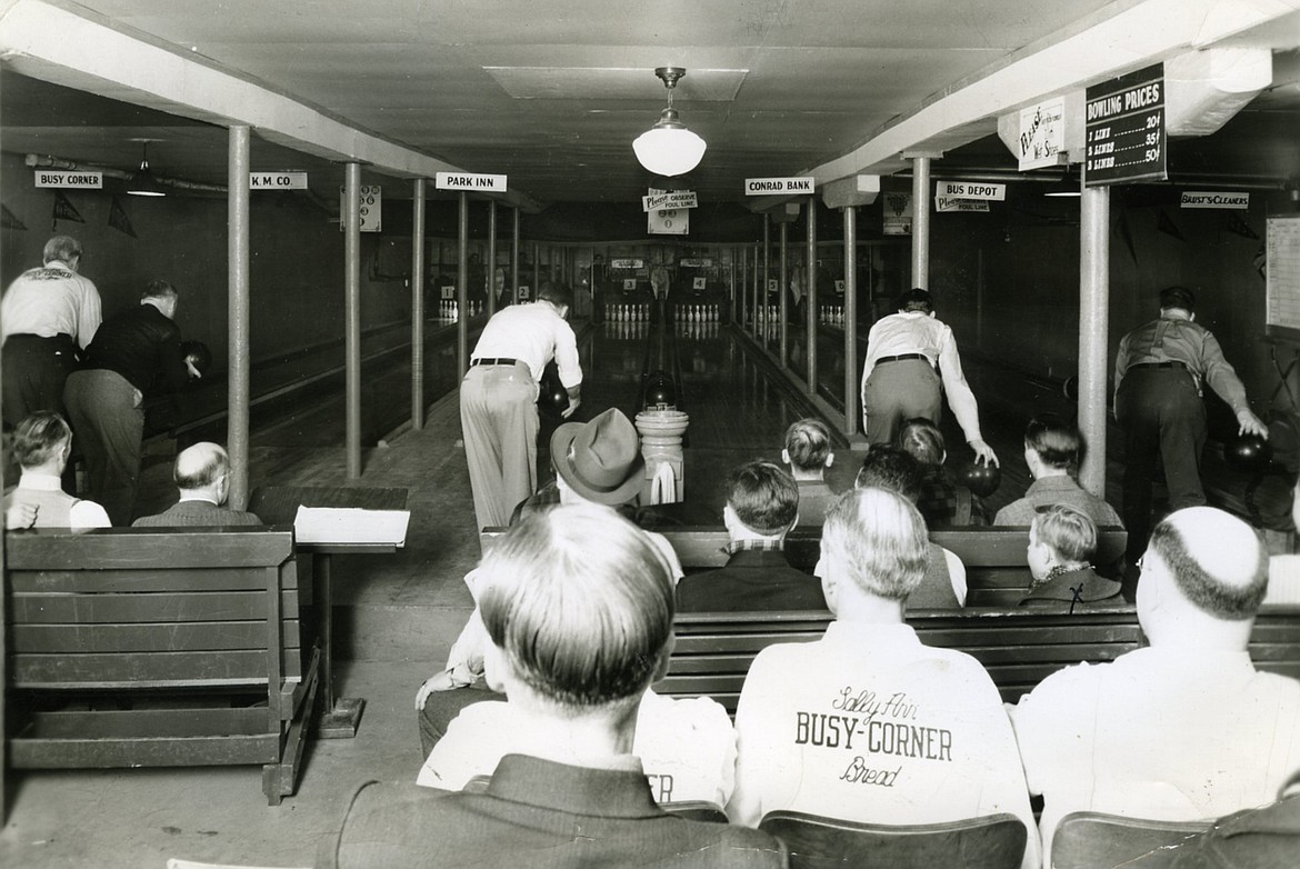 A photo shows the Kalispell Bowling Alley in the basement of the Coney Island Cafe at 304 Main. The photo was taken by Art Shop and dated as taken Feb. 20, 1939. (Photo courtesy of Northwest Montana History Museum)