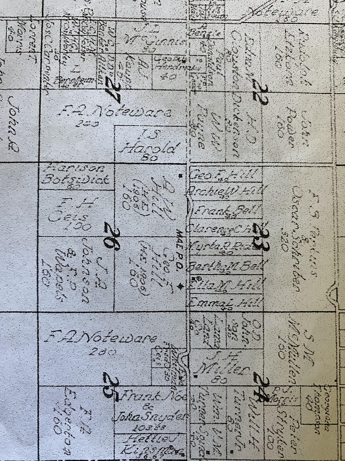 The historical property document that Ruth Hinen Latham was able to acquire shows George F Hill’s property in Section 26 where the Mae Post Office was located. Next to George’s parcel is a parcel with the name A.W. Hill, which is believed to be George’s son Archie W Hill. Section 23, shows many small parcels that correlate with the names of George and Ella Hill and their children’s names.