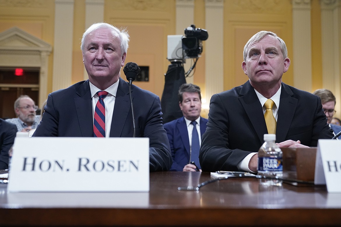 Jeffrey Rosen, former acting Attorney General, left, and Richard Donoghue, former acting Deputy Attorney General, arriveas the House select committee investigating the Jan. 6 attack on the U.S. Capitol continues to reveal its findings of a year-long investigation, at the Capitol in Washington, Thursday, June 23, 2022.(AP Photo/Jacquelyn Martin)