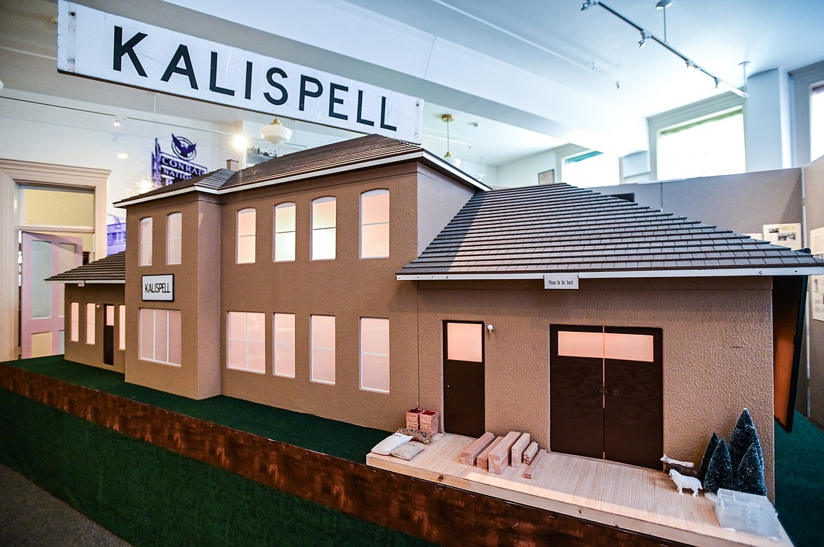 A 20-foot-long model of Kalispell’s 1892 Great Northern railroad depot at the "Kalispell: Montana's Eden" exhibit at the Northwest Montana History Museum in Kalispell on Thursday, June 23. (Casey Kreider/Daily Inter Lake)